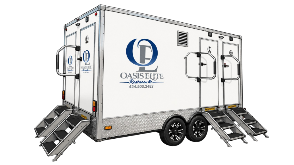 Oasis Elite Restrooms Luxury Restroom Trailer Rentals Inglewood Beverly Hills Santa Monica 4-Stall 1
